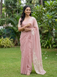 Organza Baby Pink Cutwork Floral Applique 3D Rose Pearl Pallu Saree