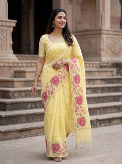 Pure Chanderi Lemon Yellow Saree with Embroidered Floral Border