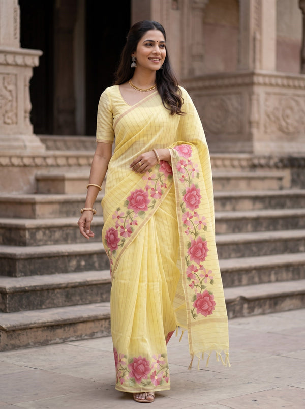 Pure Chanderi Lemon Yellow Saree with Embroidered Floral Border