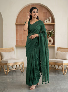 Pure Chanderi Bottle Green Saree with Embroidered Diamond Trellis