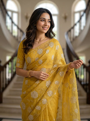 Organza Mustard Yellow Golden Rose Applique Sequin Embroidered Allover Floral Vine Saree