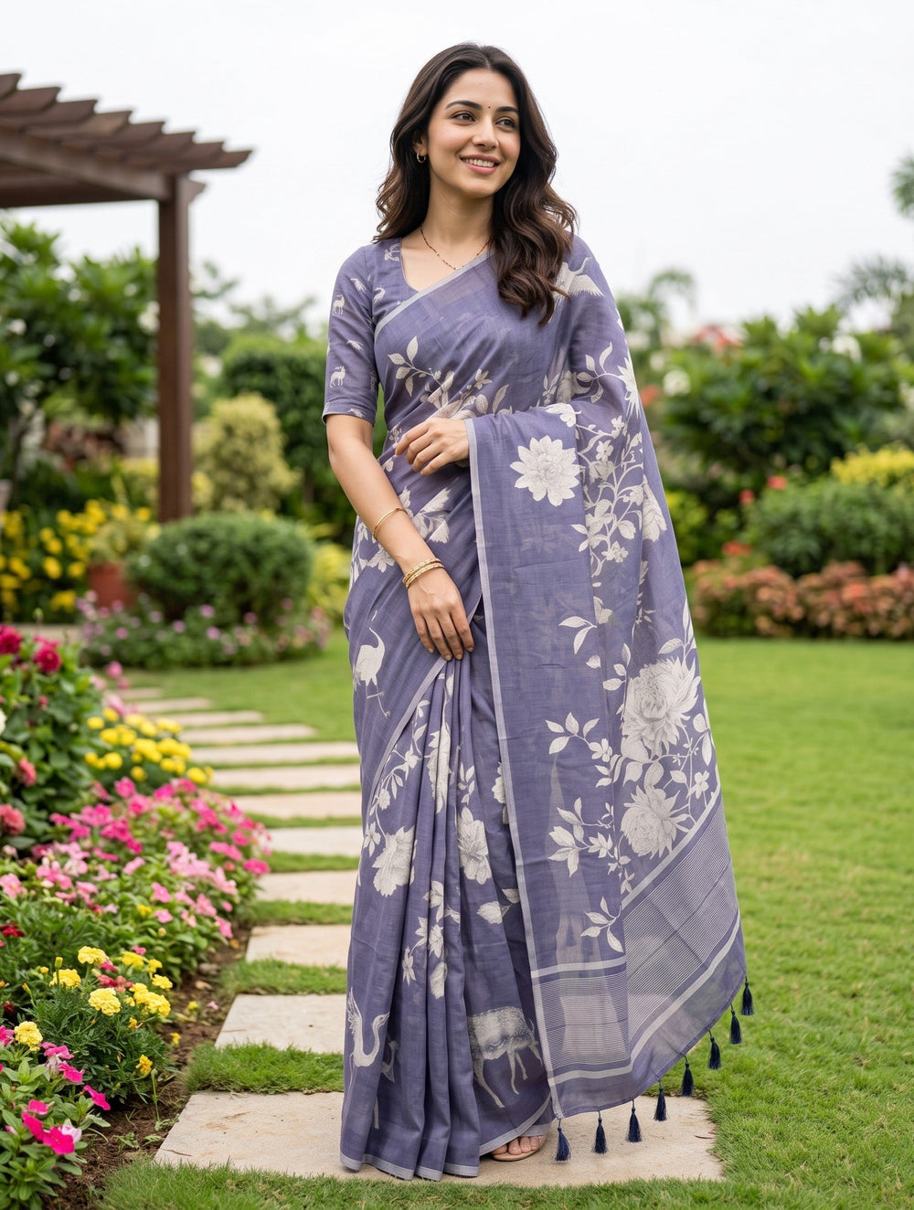 Linen Periwinkle Blue White Floral Print Saree
