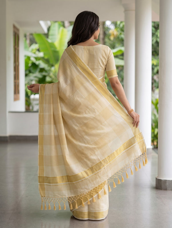 Tissue Cream Golden Windowpane Check Kerala Saree with Tassel Pallu