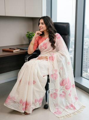 Cotton Ivory Pink Anthurium Print Saree