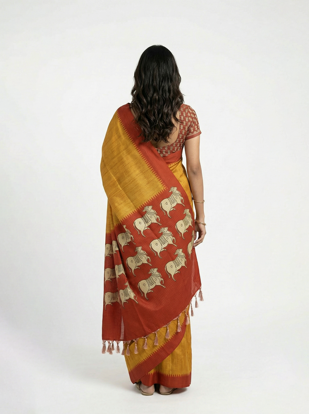 Semi Jute Mustard Yellow Traditional Design Saree