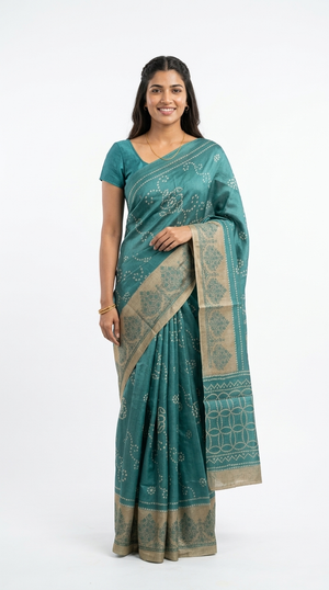 Cotton Teal Green Bandhani Style Saree