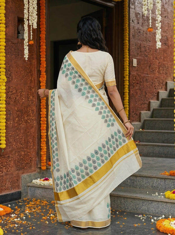 Cotton Cream Green Peacock Eye Motif Border with Golden Zari Border Onam Special Kerala Saree