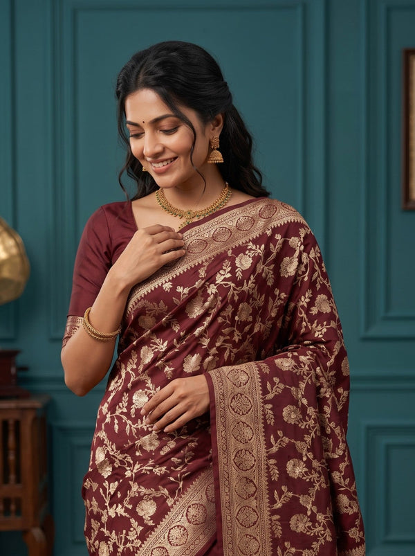 Banarasi Silk Maroon Golden Zari Floral Jaal Saree with Tassels