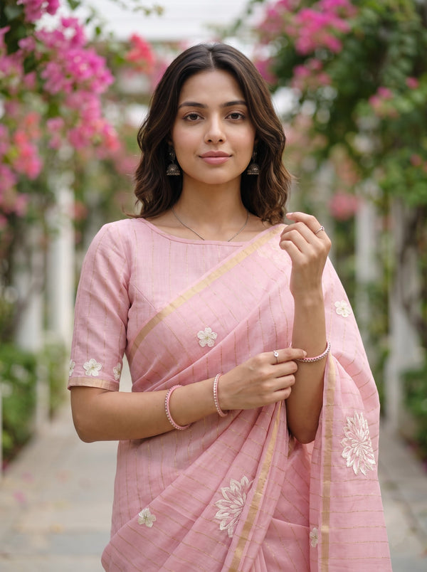Pure Chanderi Pink Floral Embroidery Chrysanthemum Motif Fringe Saree
