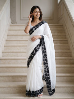Organza White Black Lace Applique Floral Scalloped Border