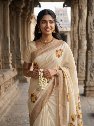 Tissue Cream Kerala Saree with Floral Bouquet Print Pallu, Checkered Maroon Golden Border