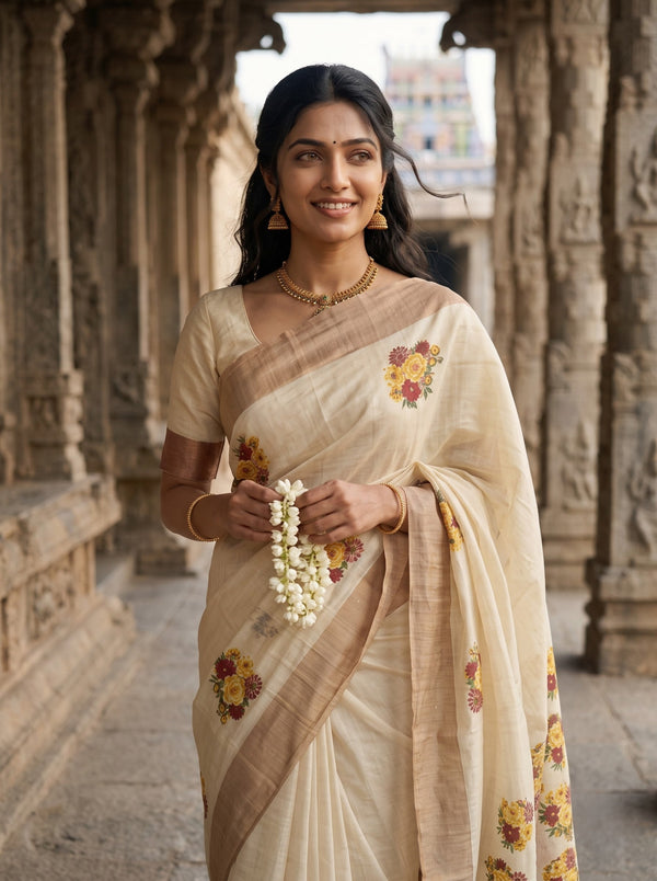 Tissue Cream Kerala Saree with Floral Bouquet Print Pallu, Checkered Maroon Golden Border