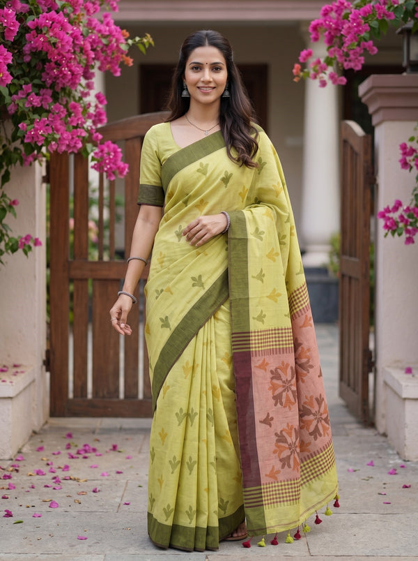 Cotton Lime Green Rust Floral Burst Checkered Saree
