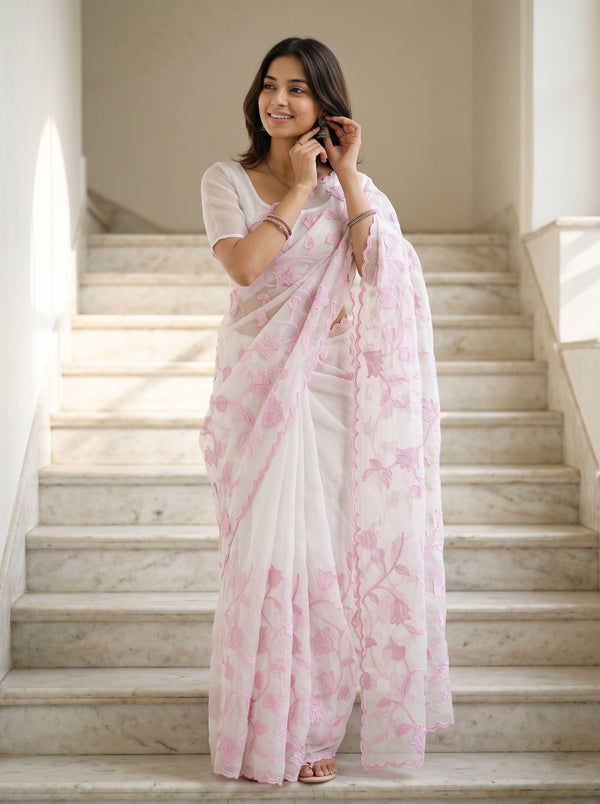 Organza White Pink Floral Vine Rosebud Embroidery Scalloped Edge