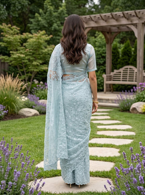 Net Kota Powder Blue Floral Lace Embroidery Saree