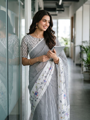 Cotton White Multicolor Floral Vine Striped Pallu Saree