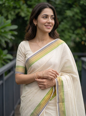 Cotton Cream Kasavu Striped Border Kerala Saree with Blue Green Golden Trim