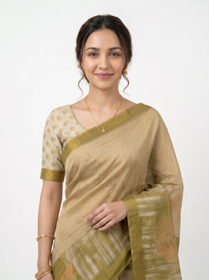 Semi Tussar Beige Olive Leaf Print Saree with Striped Woven Pallu