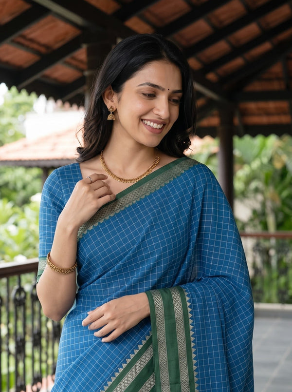 Cotton Silk Blue Checkered Silver Zari Border Saree
