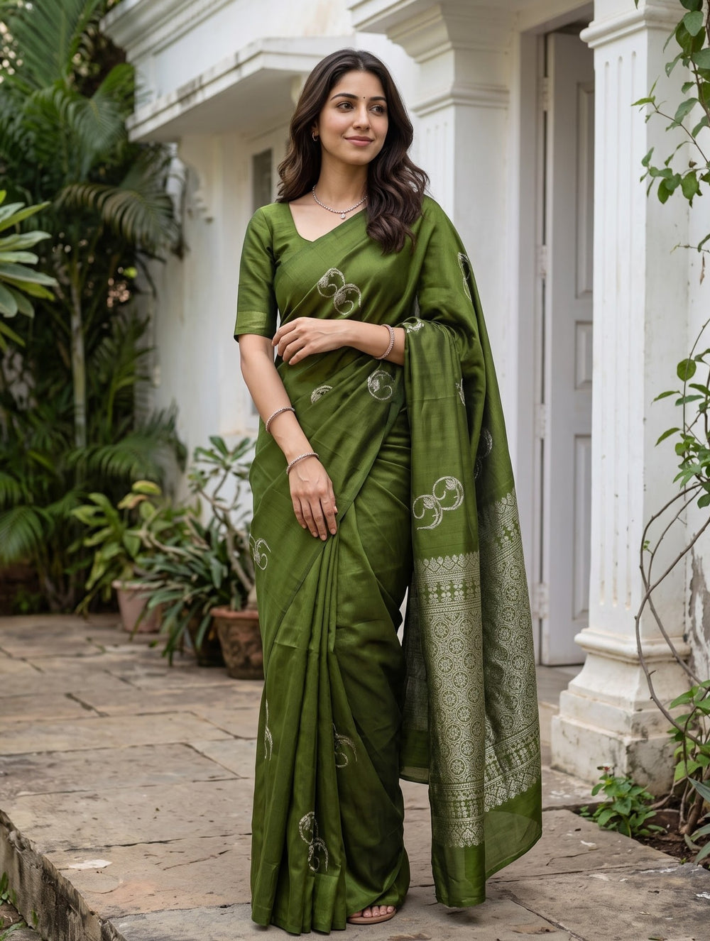Soft Silk Olive Green Saree with Golden Zari Leaf Motif Pallu