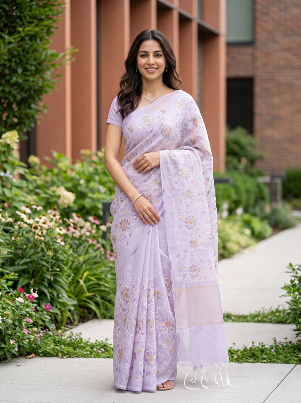 Mul Chanderi Lilac Purple Peach Floral Vine Embroidered Golden Zari Band Pallu Tassels Saree