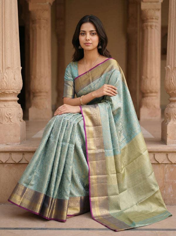 Kanjivaram Teal Green  Saree with Gold Zari Floral Jaal Weave, Dual-Tone Antique Border