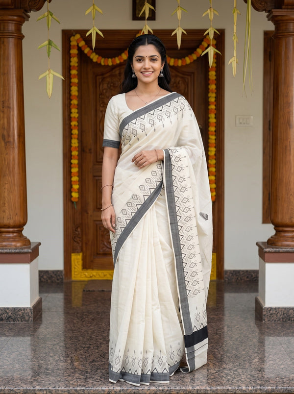 Cotton Off-White Grey Aztec Print Onam Special Kerala Saree