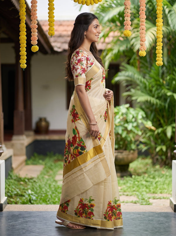 Tissue Cream Floral Print  Onam Special Kerala  Saree with Golden Border