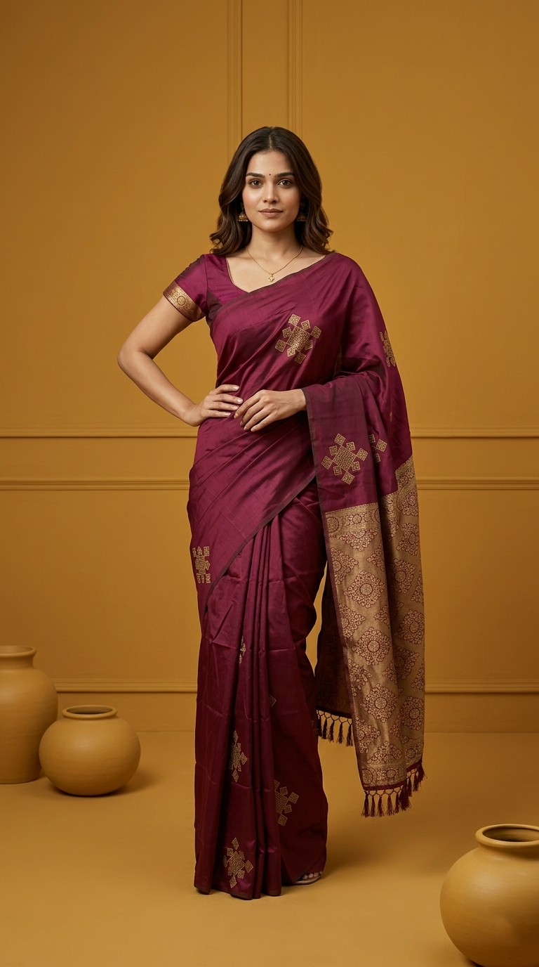 Woman wearing a maroon saree with gold patterns against a mustard yellow background