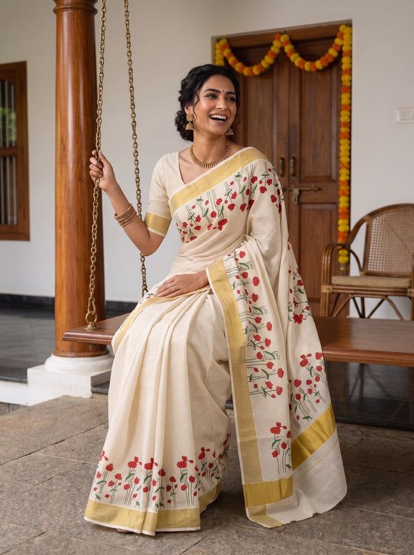 A woman wearing a cream-colored cotton saree with red floral prints and gold borders, sitting on a wooden swing in a traditional courtyard setting.