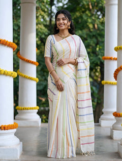 Cotton Off-White Multicolor Striped Onam Special Kerala Saree