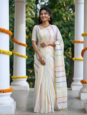 Cotton Off-White Multicolor Striped Onam Special Kerala Saree