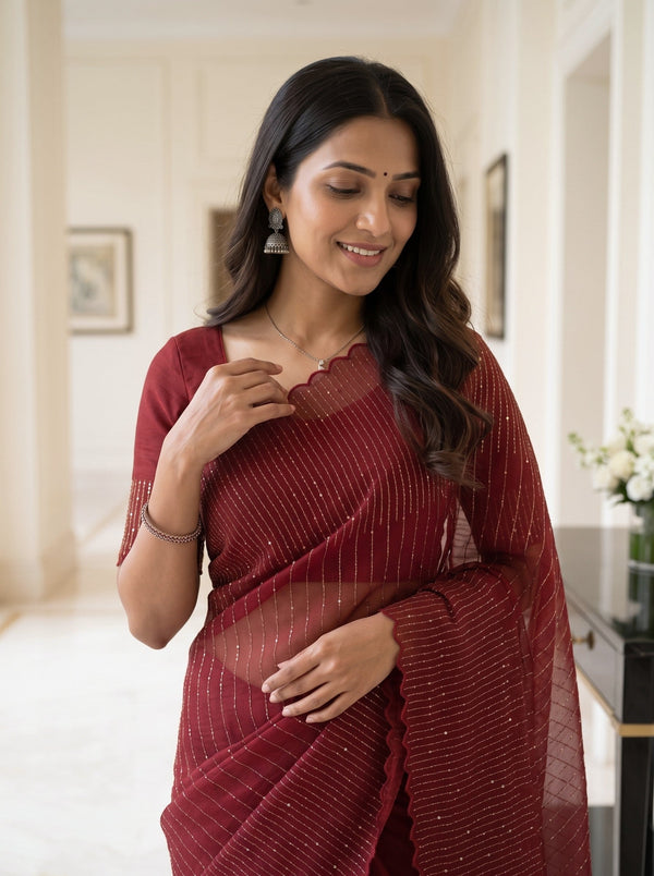 Organza Deep Red Allover Sequin Line Work Scalloped Edge Saree