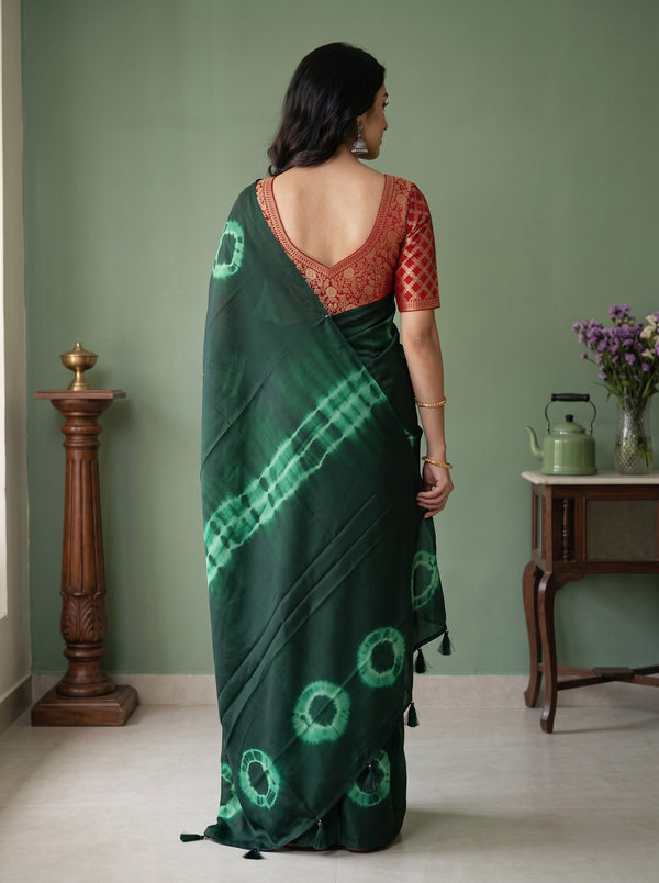 Synthetic Green Tie Dye Ring Pattern Saree with Tasseled Pallu