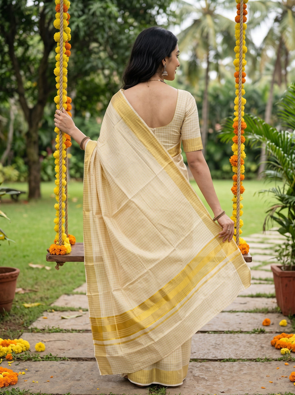 A woman wearing a light beige and yellow striped cotton saree stands in front of a wooden swing decorated with orange marigold garlands in a lush garden setting.