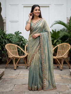 Chiffon Aqua Blue Plain Saree with Golden Beaded Border