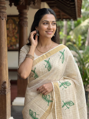 Tissue Cream Peacock Feather Print Kerala Saree with Golden Zari Border