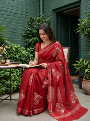 Organza Red Woven Flower Motif Zari Stripe Border Saree