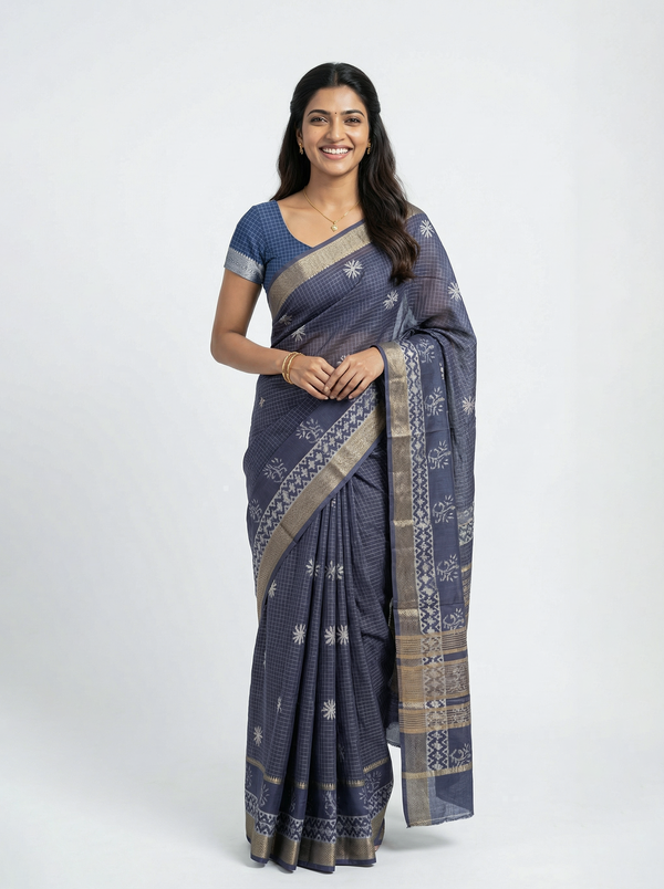 Cotton Silk Navy Blue Checkered Booti Saree with Zari Ikat Border