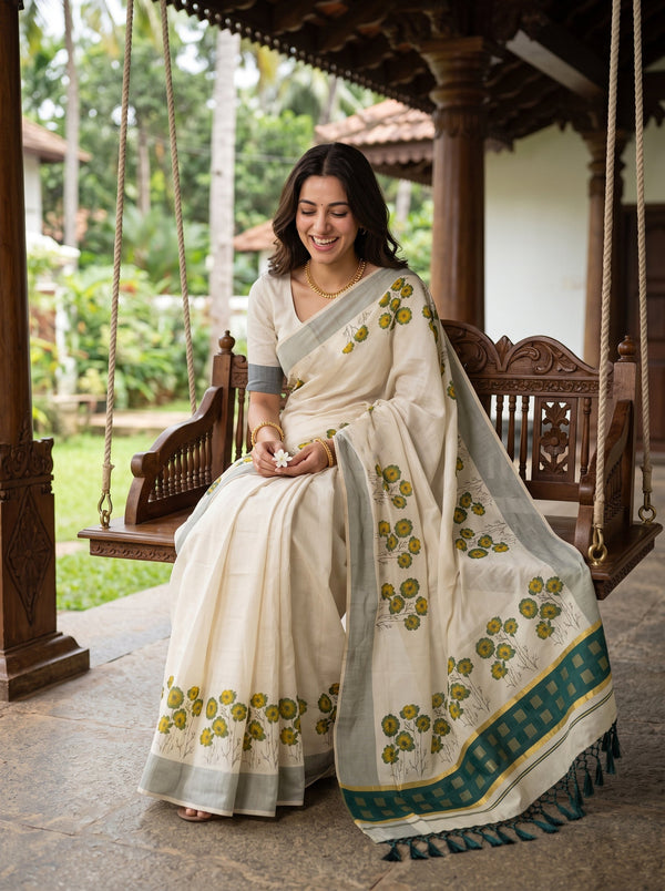Tissue Cream Kerala Saree with Green Floral Print Pallu, Checkered Green Golden Border