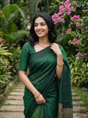 Linen Green Beige Colorblock Diagonal Border Saree