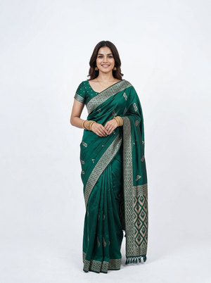 Semi Silk Dark Green Diamond Motif Saree