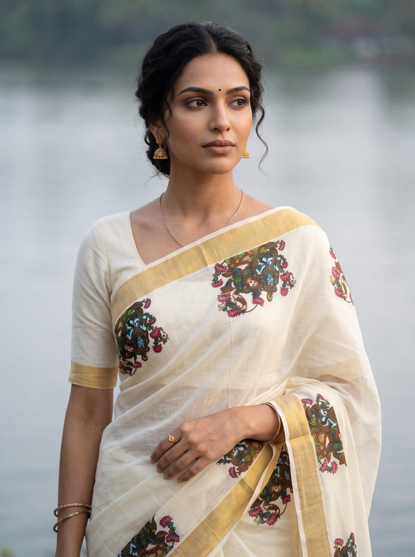 Cotton Off-White Mural Print With Golden Border Onam Special Kerala Saree