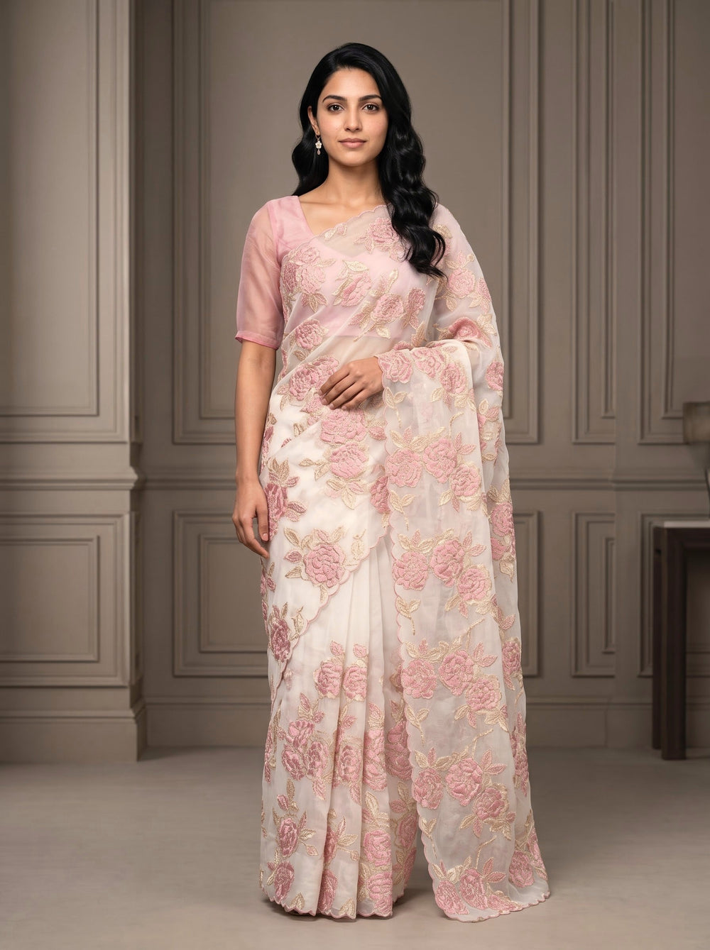 Turkish Organza Blush Pink Golden Rose Bunch Embroidery Scalloped Border Saree