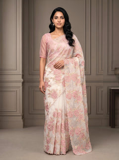 Turkish Organza Blush Pink Golden Rose Bunch Embroidery Scalloped Border Saree
