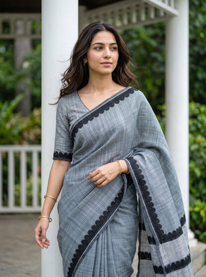 Linen Slate Blue Grey Check Black Lace Cutwork Border Saree