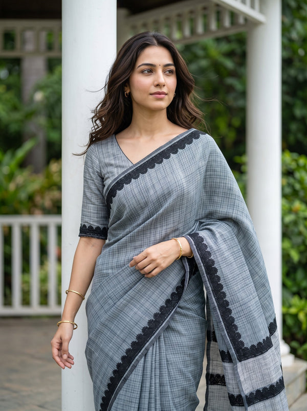 Linen Slate Blue Grey Check Black Lace Cutwork Border Saree