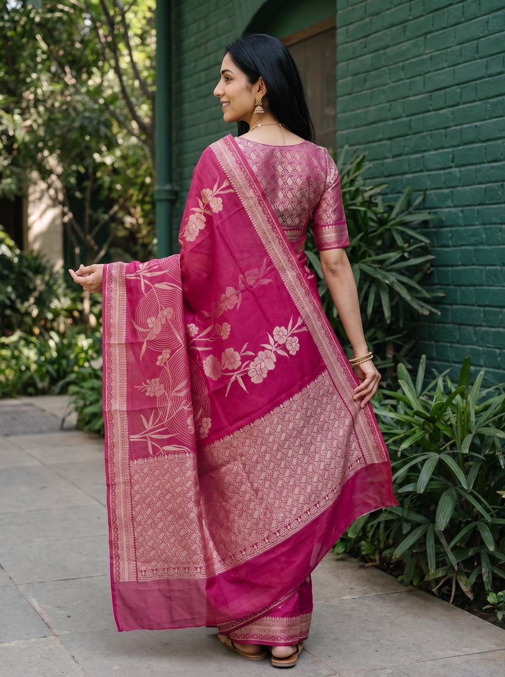 Organza Magenta Pink Zari Flower Branch Butta Broad Woven Border