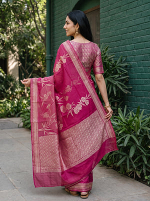 Organza Magenta Pink Zari Flower Branch Butta Broad Woven Border