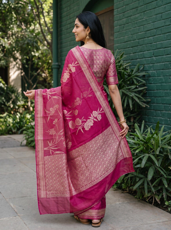 Organza Magenta Pink Zari Flower Branch Butta Broad Woven Border